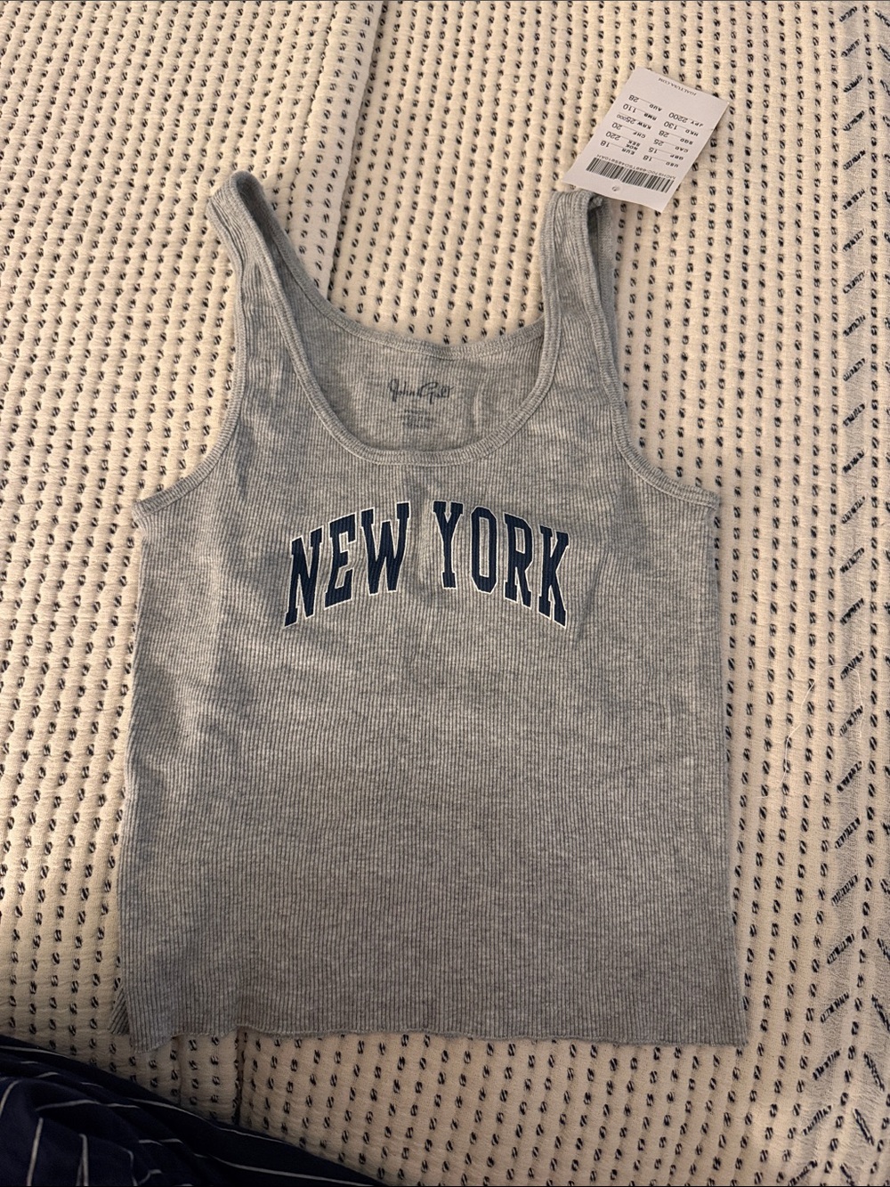 Brandy Melville Light Gray Ribbed 'New York' Tank with Navy Print